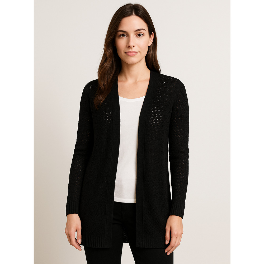 AB Studio Black Open Knit Cardigan Women’s Small – Longline Lightweight Sweater